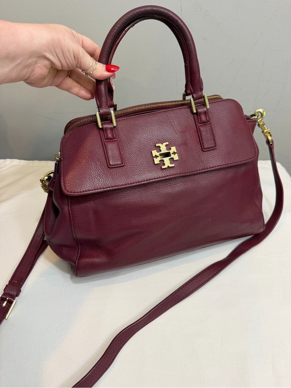 Tory Burch burgundy red Mercer Double Zip Dome Pebbled Leather Satchel/Crossbody